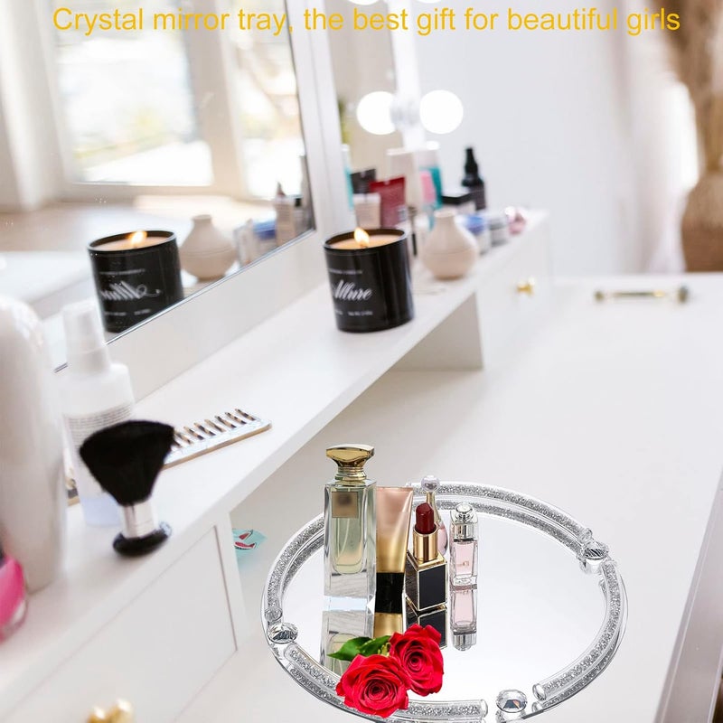 LFGKeng Crystal Dresser Tray, Mirror Glass Makeup Vanity Organizer Filled Crushed Diamond, 10" x 10" Round Jewelry Trinket Perfume Tray for Bathroom Bedroom, Home Decor, Hotel Banquet, Party (Silver) - Image 2